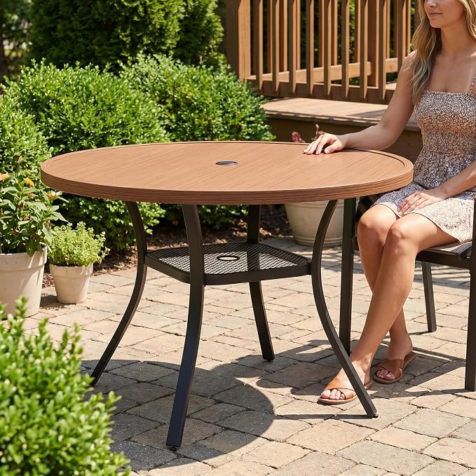 VICLLAX Metal Outdoor Dining Table for 4, All Weather 40.7" Black Round Patio Table with Adjustable Umbrella Hole for Lawn, Garden, Balcony and Poolsides, Walnut Wood Grain Tabletop