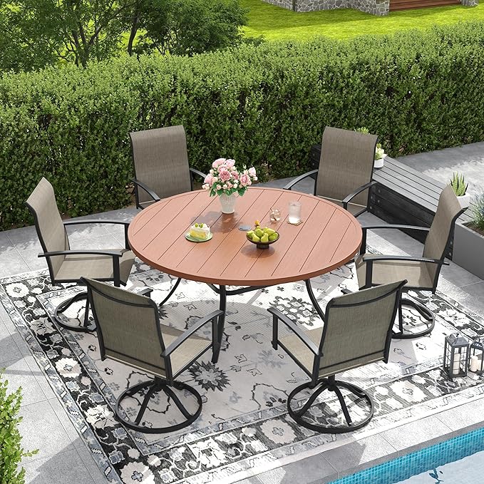 DIFY 7 Pieces Outdoor Dining Set for 6, 53" Walnut Round Metal Table with Umbrella Hole and Brown Textilene Swivel Patio Chairs, Patio Table and Chairs Set for Garden, Backyard, Poolside