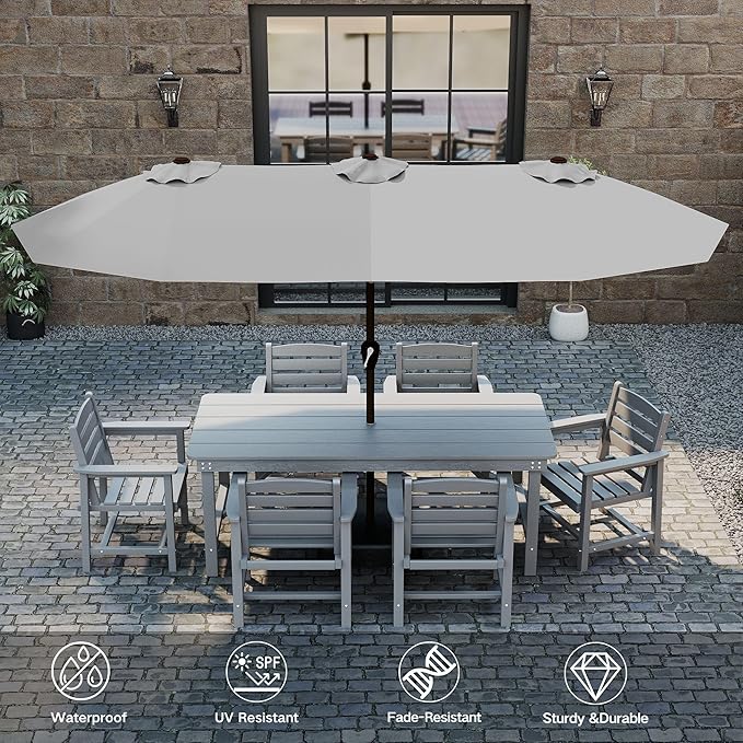 Kingdura 15ft Large Patio Umbrella with Solar Lights, Double-Sided Rectangle Lighted Outdoor Table Umbrella with Base Included, 12 Reinforced Ribs, 48 Led Lights, Crank Lift for Market Pool Deck Backyard, Light grey