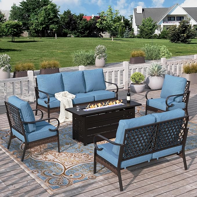 HERA'S HOUSE 5 Piece Metal Patio Furniture Set with 56" Fire Pit Table, All Weather Outdoor Conversation Set, 3 Seat Sofa with Loveseat, 2 Fixed Chairs, Seats 7 for Backyard, Garden, Deck, Navy Blue