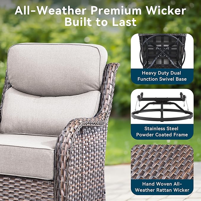 Luxury Wicker Patio Furniture Set-High Back Outdoor Swivel Chairs Set of 2 with 6" Thick Cushions Wide Armrest All Weather Patio Conversation Sets for Deck Porch Balcony(Brown/Beige)