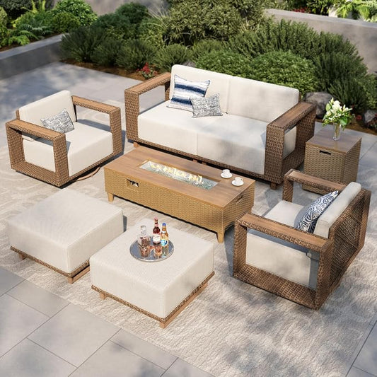 MIXPATIO Patio Furniture Set with Swivel Chairs & Outdoor Fire Pit Table, 7 Pieces Yellow Rattan Wicker Conversation Sets, Deep Seating Sofa with 10" Thick Cushions, Low Profile Deck Lawn Furniture