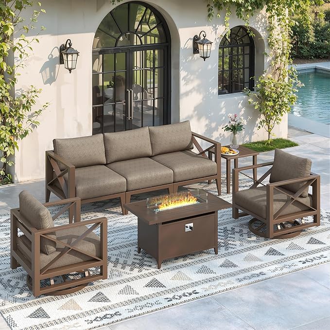 Aluminum 5-Seats Outdoor Patio Furniture Set with 43" Fire Pit Table, Sectional Conversation Sofa with 5.2" Thick Cushions & Swivel Rocking Chairs, Rust-Resistant Frame Sofa for Porch, Backyard, Brown