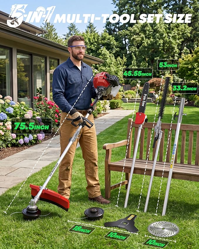 5-in-1 Gas Powered Weed Wacker - 52cc 2-Cycle String Trimmer, Brush Cutter, Pole Saw & Hedge Trimmer Multi-Tool with Extension Pole - Heavy Duty Gas Weed Eater for Professional Yard Care(G455)