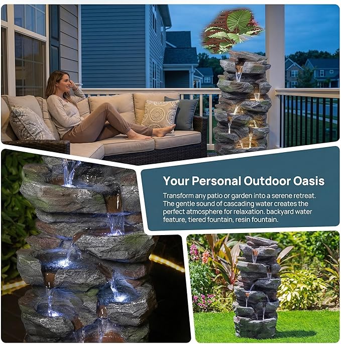 Polibi Outdoor Water Fountain with LED Lights, Rock Waterfall Garden Fountain, Tiered Cascading Resin Fountain for Patio Backyard Lawn Porch, Outdoor Water Feature with Pump, Gray