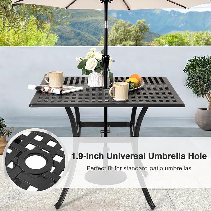 NUU GARDEN 35 Inch Square Cast Aluminum Outdoor Dining Table for 4 with Umbrella Hole and Mesh Top, Patio Table for Garden Backyard Poolside, Black with Gold Speckles