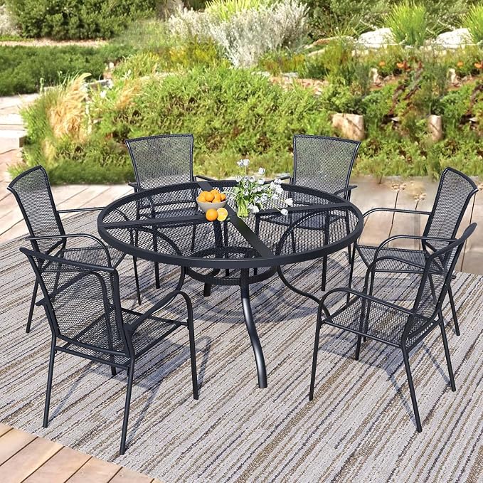 47" Round Patio Table with Umbrella Hole, Metal Outdoor Dining Table for Garden, Backyard and Deck, 6 Person Round Patio Dining Table for Outside, Black Mesh Table