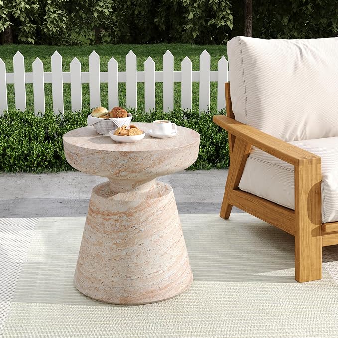 Outdoor Side Table 17.75" Hourglass Shape Concrete Side Table, Patio Tables for Outside Decorative Garden Stools, No Assembly Accent Table for Patio Porch Living Room, Beige