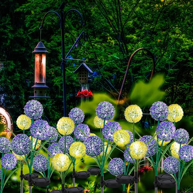 FORUP 2 Pack Solar Garden Stake Lights, Outdoor Solar Powered Lights in Dandelion Flower Design for Patio, Lawn, Garden, Yard Decoration, Yellow & White