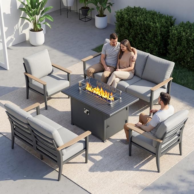 Aluminum Outdoor Patio Furniture Set, 5-Piece Sectional Sofa with 5.1" Thick Cushions, 55,000 BTU Propane Fire Pit Table, Outdoor Couch for Backyard, Deck, Gray