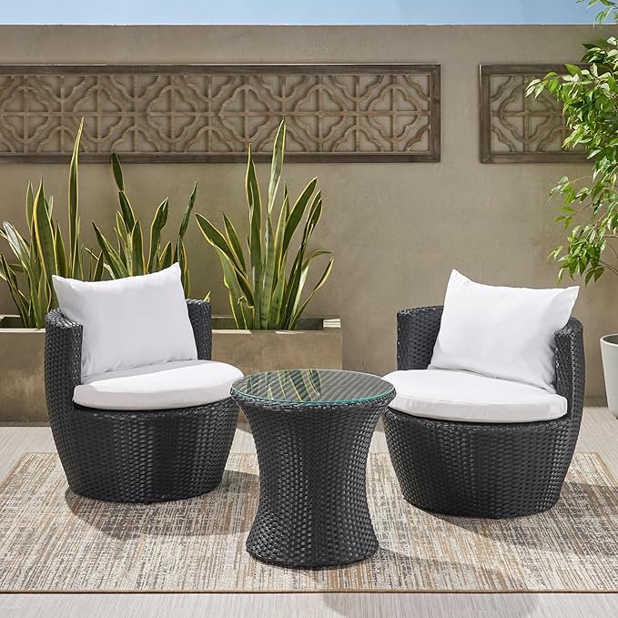 Merax Patio Furniture Set of 3, Outdoor PE Rattan Wicker Chairs with Cushion & Glass Coffee Table for Balcony Garden Front Porch, Patio Conversation Sets for 2, Sturdy Aluminum Frame, Black+Ivory