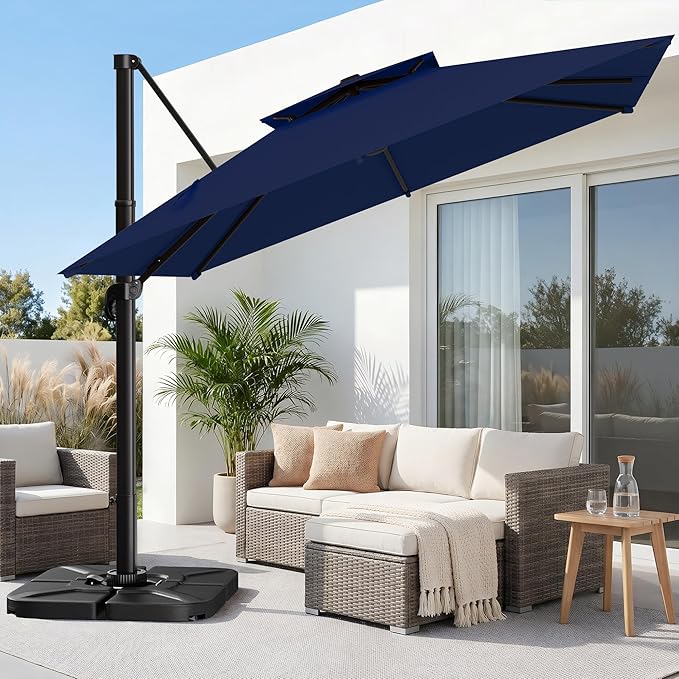 AreShark 11×11FT Double-Top Cantilever Patio Umbrella with Base Included, Offset Umbrella with 360 Degree Rotation, Heavy Duty Patio Umbrella for Garden Deck Pool, 5 Tilt Angles, Navy