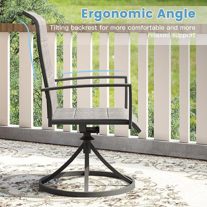 DIFY 5 Piece Outdoor Patio Dining Set for 4, 40.2" Grey Wood-Like Square Metal Dining Table and Swivel Patio Chairs with Grey Padded Textilene, All-Weather Outdoor Furniture Set for Garden Backyard