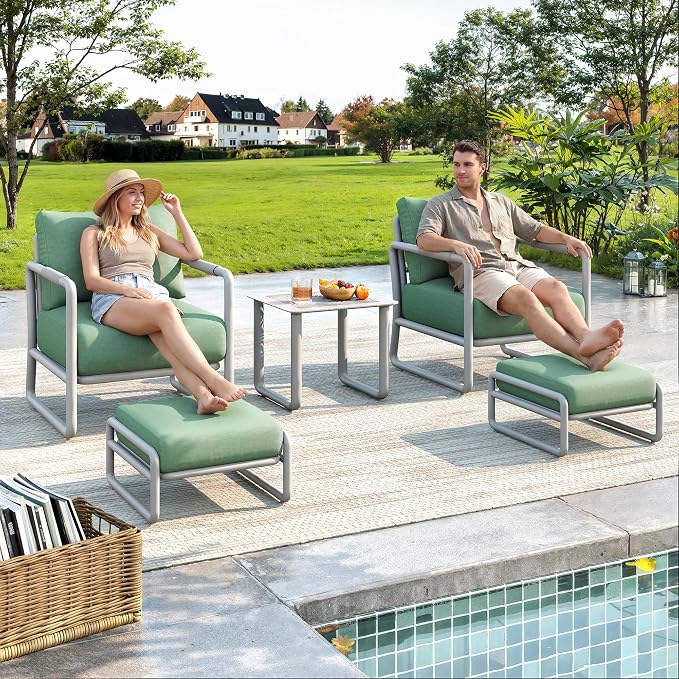 2-Seat Aluminum Patio Furniture Set with Ottomans, All-Weather Outdoor Conversation Sofa with 6.5" Thick Olefin Cushions, Rust-Proof Patio Set for Pool, Garden, Backyard, White