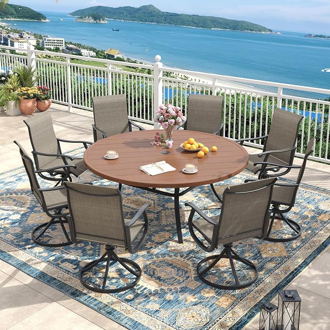 Outdoor Dining Set for 8, 60" Metal Round Outdoor Dining Table with Umbrella Hole and Sling Patio Swivel Chairs, 9 Pieces Patio Table and Chairs Set for Garden Backyard, Mixed Brown and Walnut
