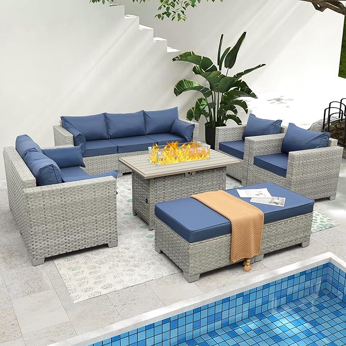 WAROOM Patio Furniture Set 7 Piece Grey Wicker Outdoor Conversation Sets PE Rattan Sectional Sofa with Propane Fire Pit Table and Anti-Slip Navy Blue Cushion