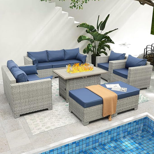 WAROOM Patio Furniture Set 7 Piece Grey Wicker Outdoor Conversation Sets PE Rattan Sectional Sofa with Propane Fire Pit Table and Anti-Slip Navy Blue Cushion