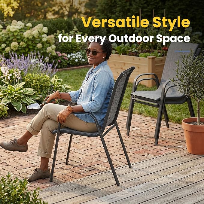 VICLLAX Patio Dining Set for 4, All Weather Metal 5 Pieces Patio Set-40.6" Round Outdoor Table and Stackable Chairs for Lawn Garden and Backyard, Grey Wood Grain Tabletop