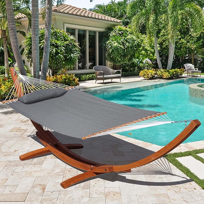 Lazy Daze Hammocks 12 FT Sunbrella Fabric Hammock not Fading with Spreader Bars and Free Pillow Fits for 2 Persons, All Weather and Fade Resistant for Patio Yard, 450 lbs Capacity, Cast Slate