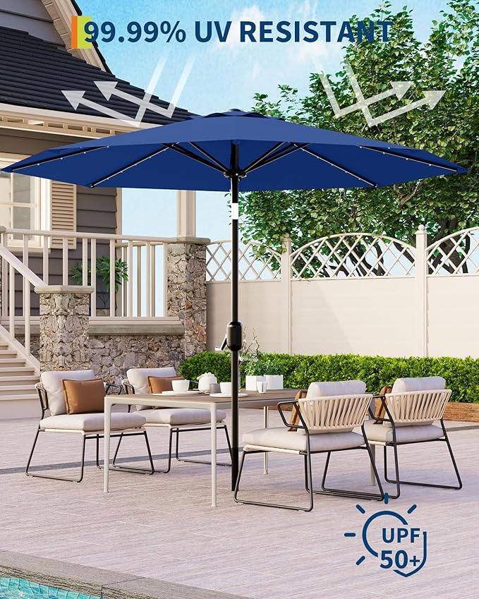 GarveeLife 10 ft Patio Umbrella with Solar Lights, 8 Ribs Outdoor Market Table Umbrella with 40 LED Lights & Tilt Crank for Pool, Deck, Backyard (Navy Blue)