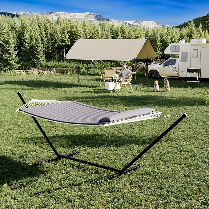 2-Person Hammock Suite with Collapsible Steel Frame – Backyard Oasis & Camping Essential (450lb Support, UV-Resistant + Storage Bag),Dark Gray (Flat)