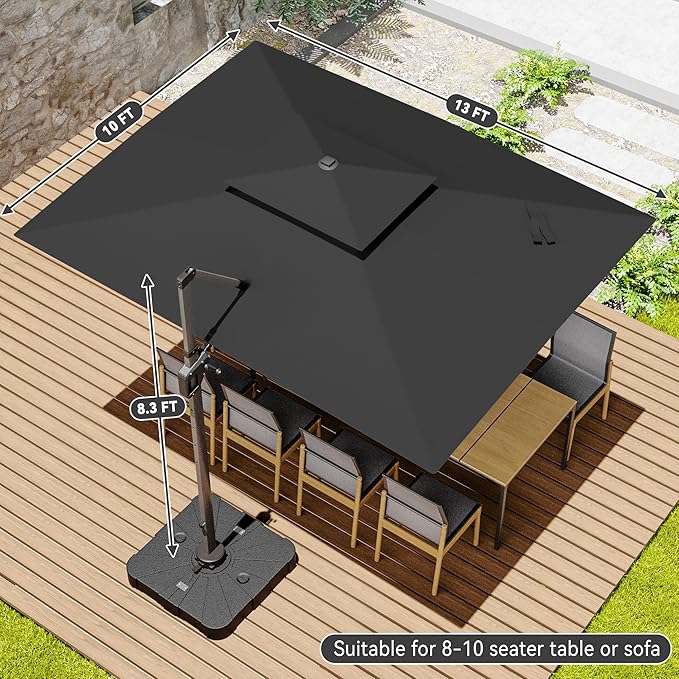 10x13 FT Cantilever Patio Umbrella with Base and Led Lights Double Top Outdoor Rectangular Large Heavy Duty Aluminum Offset Umbrellas with 7 Level Tilt 360-degree Rotation for Pool Garden Deck, Grey