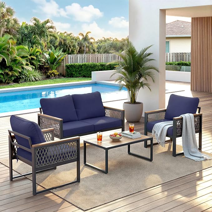 UPHA 4 Pieces Patio Furniture Set, Metal Outdoor Sectional Couch Set with Loveseat Sofa, 2 Chairs, Coffee Table, Modern Patio Conversation Set for Porch Balcony Deck, 4 Seats, Navy Blue
