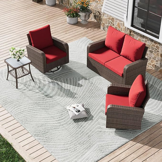 HOMREST 4 Piece Wicker Patio Furniture Set, 360 Degree Outdoor Swivel Patio Chairs w/Coffee Table and Loveseat, Small Patio Furniture Set for Garden, Deck and Poolside (Wine Red)
