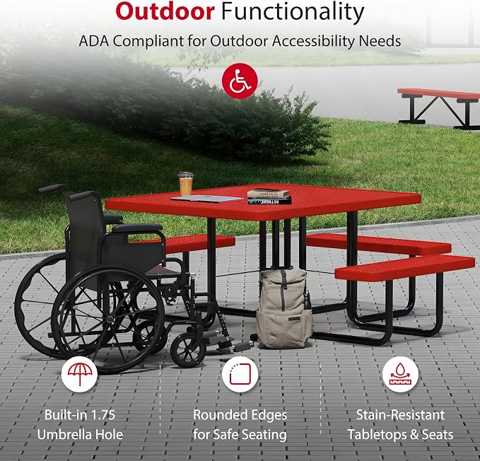 Leisure Craft Metal Picnic Table with Bench - 46" Square Outdoor Dining Table with Umbrella Hole, Heavy Duty Thermoplastic Coating, ADA Compliant, Commercial Grade Furniture Made in USA - Red