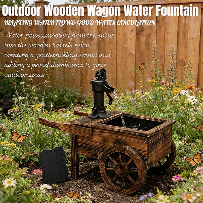 NestNature Outdoor Water Fountain,Wooden Wagon Wheel Pump Old-Fashioned Fountain,Solar-Powered Electric Decorative Hand Pump, Outdoor Water Feature for Patio, Garden & Indoor Decoration