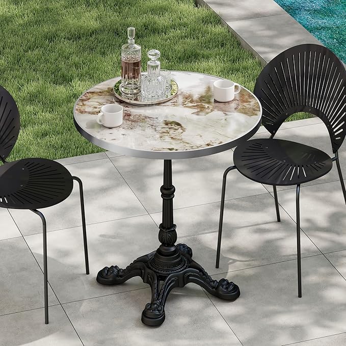 31.5" Sintered Stone Round Dining Table for 2-4 People, Marble Look Bistro Table with Heavy Duty Cast Iron Base for Outdoor Patio Garden Cafe, Living Room Balcony, Commercial Grade Small Space, Grey