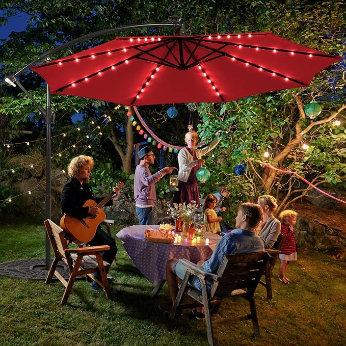 Tangkula 10 Ft Patio Offset Umbrella, 40 LED Lighted Market Umbrella W/8 Sturdy Ribs, Easy Tilt Adjustment & Crank, Polyester Shade, Ideal for Backyard, Garden, Seaside, Store, Pool (Burgundy)