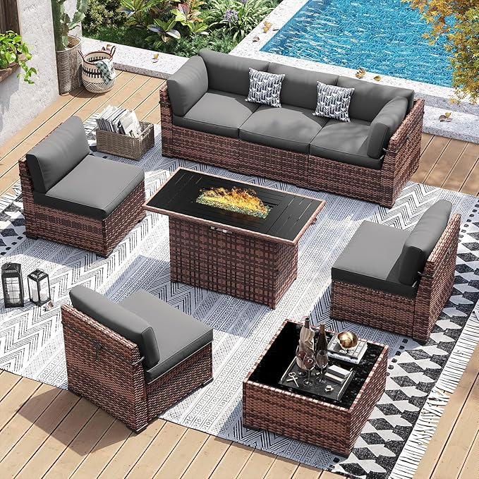 UDPATIO Patio Furniture Set with 44'' Fire Pit Table,Modular Outdoor Furniture Sets,Slanted Back Outdoor Sectional Conversation Set PE Rattan Sofa for Backyard W/Coffee Table,4'' Cushions,8 PCS,Grey