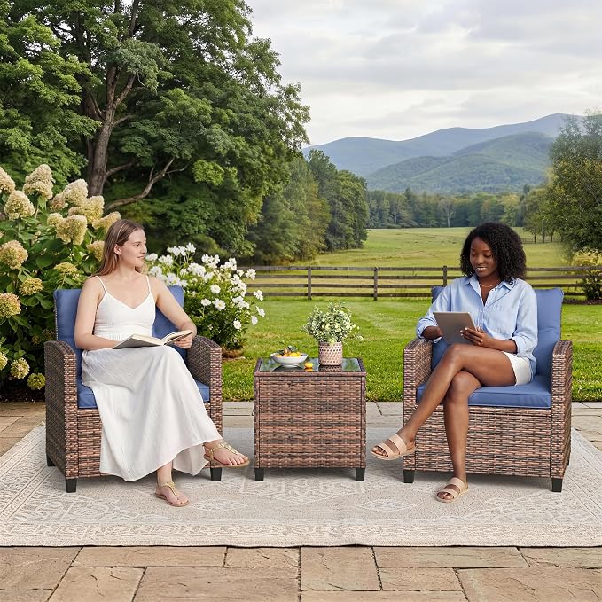 3-Piece Patio Furniture Set, PE Rattan Wicker Outdoor Sofa Set with Washable Cushions & Tempered Glass Tabletop, Conversation Set for Garden, Poolside, Balcony (Brown Wicker & Blue Cushions)