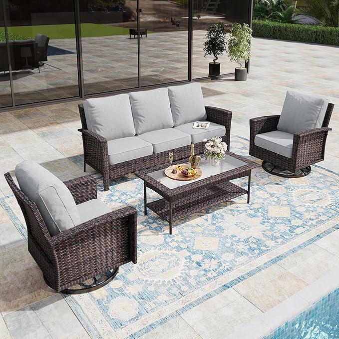 4-Piece Wicker Patio Furniture Set with Swivel Chairs, High Back Outdoor Sofa with 5.5-inch Thick Cushion, All-Weather Wicker Patio Conversation Set for Deck Yard Pool, Grey