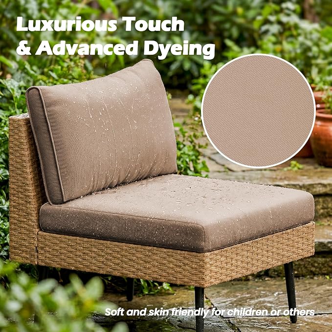 Vikiullf Outdoor Wicker Sectional Sofa Set, L-Shaped Patio Conversation Set with 4" Cushions, Boho Rattan Furniture for Backyard Poolside Deck (Khaki, 5 Pieces)