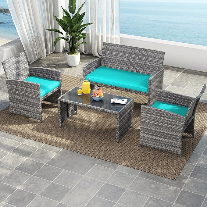 Tangkula 4 Piece Patio Wicker Furniture Set, Outdoor Heavy Duty Rattan Cushioned Chairs, Loveseat and Tempered Glass Coffee Table, for Backyard, Balcony, Poolside