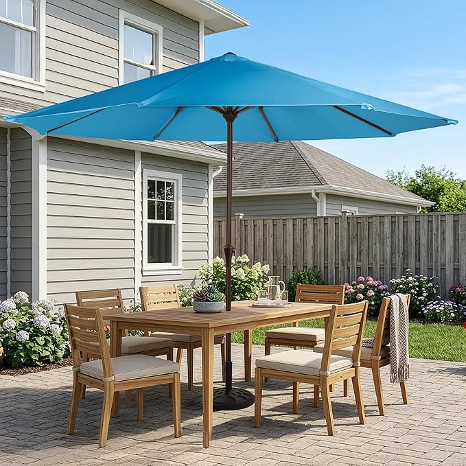 Pure Garden 9FT Round Patio Umbrella with 19lb Weighted Base - Easy Crank, Vented Canopy Outdoor Umbrella for Shade - For Deck, Balcony, Porch, Backyard, or Pool (Blue)