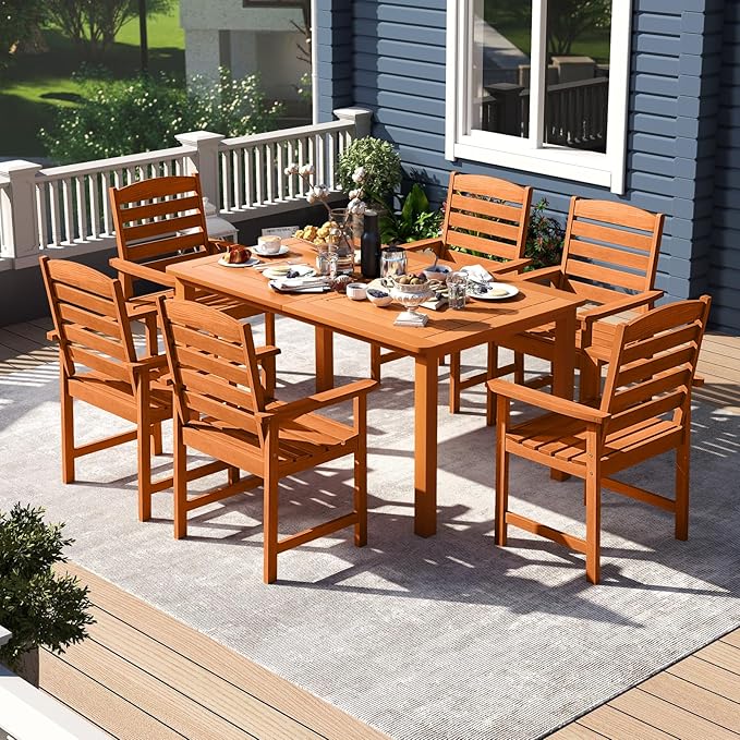 Tangkula 7 Pieces Outdoor Dining Set for 6, Patio Solid Wood Slatted Rectangular Dinner Table and Armchairs Set w/Umbrella Hole, Teak Oil Finish, for Lawn, Deck, Yard, Porch and Poolside