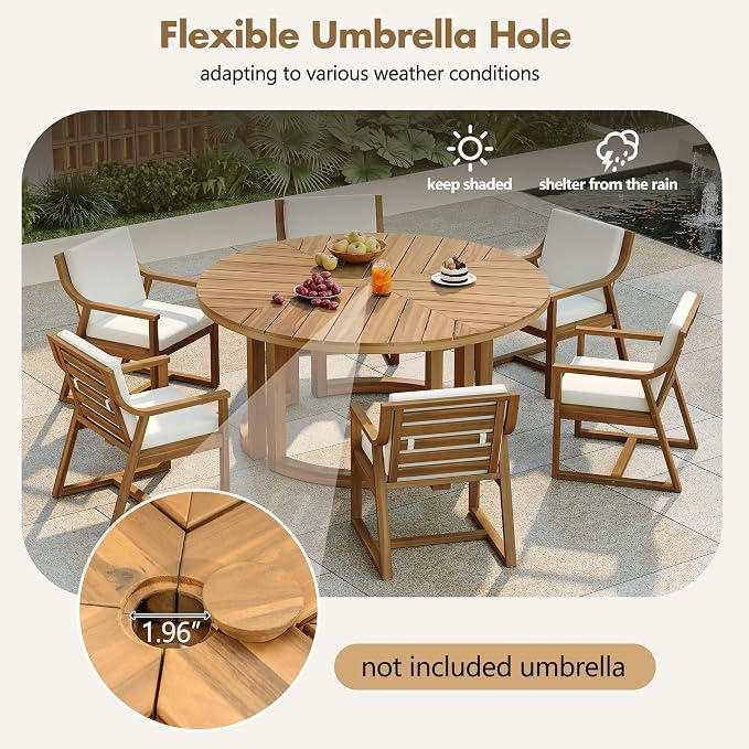 7-Piece Outdoor Patio Dining Set, All-Weather Acacia Wood 59'' Round Dining Table with 1.96" Umbrella Hole and 6 Arm Chairs for Backyard, Balcony, Garden, Poolside (Light Teak-2.14)