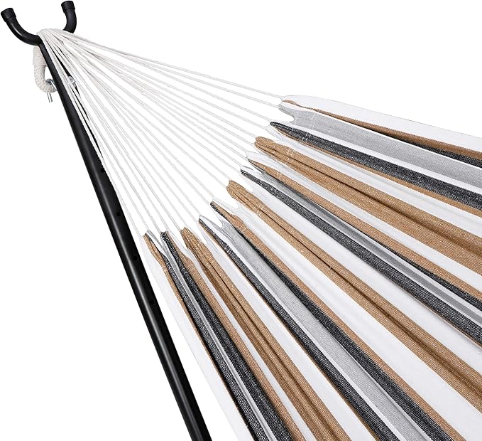 Double Hammock with 9FT Space Saving Steel Stand, 2-Person Portable Hammock with Stand for Outdoor Patio or Indoor, 330 Pounds Capacity, 6 Optional Hook Positions (Khaki)