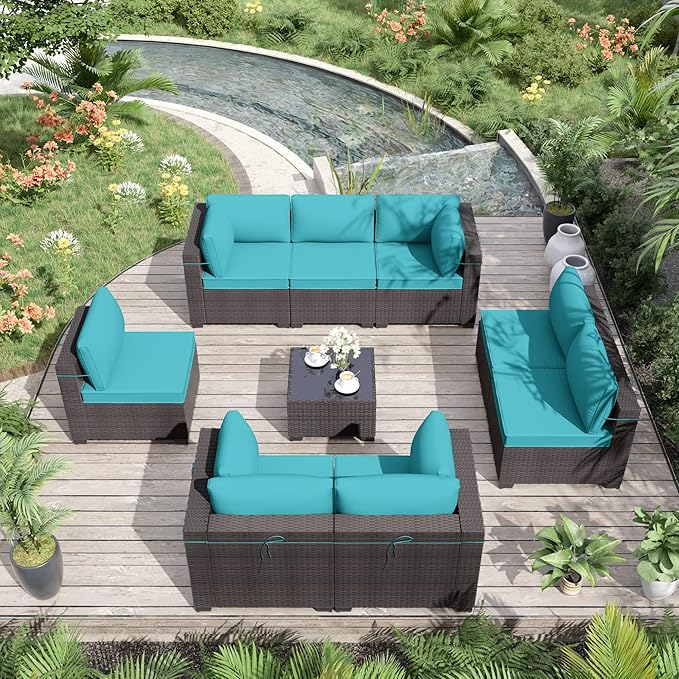 ALAULM 9 Pieces Patio Furniture Set Wicker Patio Conversation Set with 4 Corner Sofas, Outdoor Sectional Furniture w/Coffee Table & Washable Seat Cushions-Blue