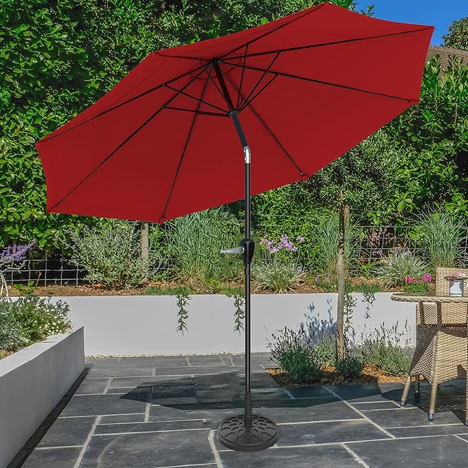 Pure Garden Patio Umbrella with Auto Tilt 10ft Easy Crank Sun Shade with 19lb Weighted Base for Deck, Outdoor Furniture, or Pool (Red)