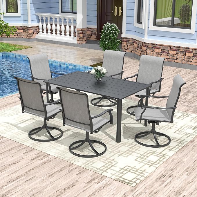 Anmutig 7 Pieces Outdoor Table and Chairs Set,Patio Dining Set with 6 Textilene Swivel Chairs, Outdoor Dining Set for Garden Backyard Poolside Deck,Charcoal Grey