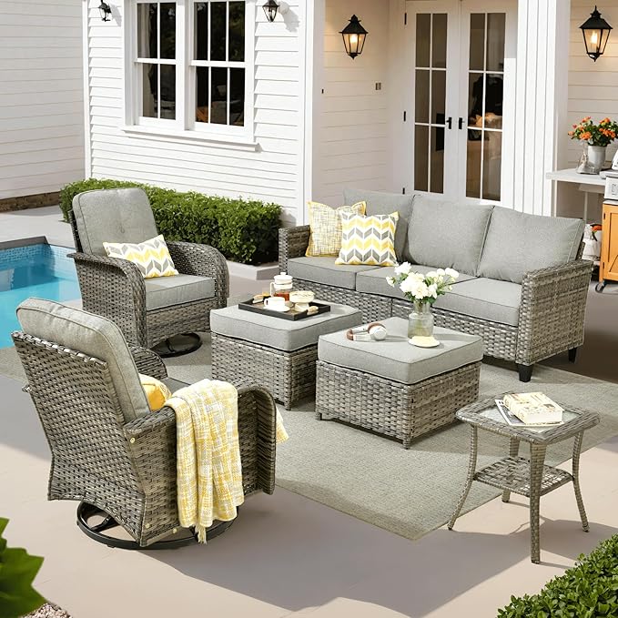 ovios 6 Pieces Patio Furniture Set, Outdoor Wicker Sofa Couch with Rocking Swivel Chairs Comfy Cushions, Modern Deep Seat Rattan Conversation Sets for Deck Porch, Dark Grey
