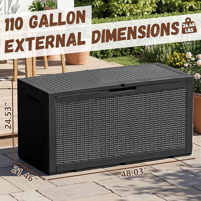 110 Gallon Outdoor Deck Storage Box, All-Weather Wicker Textured Lockable Storage Container for Pool, Patio & Backyard Large Outdoor Supplies Storage (Black,110GAL-1)