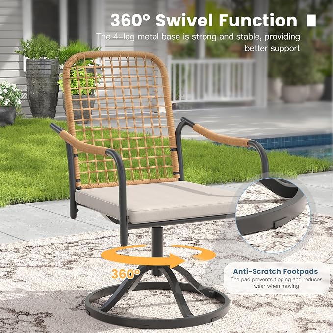 DIFY 5 Pieces Outdoor Dining Set for 4, 40.6" Round Dining Table with Umbrella Hole & Wicker Swivel Patio Chairs with Cushions, Metal Patio Table and Chairs Set for Backyard Porch Garden, Grey