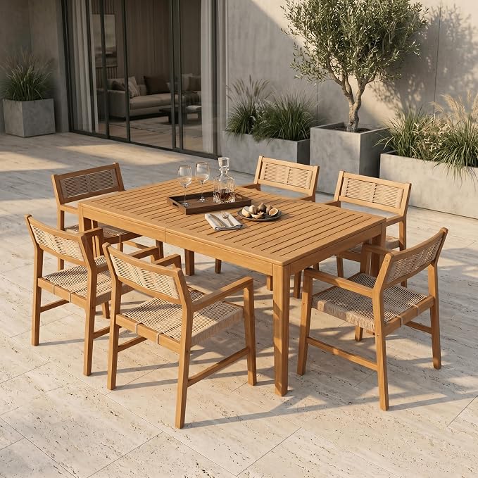 NTC Noma 63 Inch Solid Wood Dining Table and 6 Terra Chairs, Weather Resistant Patio Table for Patio Dining Sets, Backyard, Deck & Dining Room, Easy Assembly, Natural