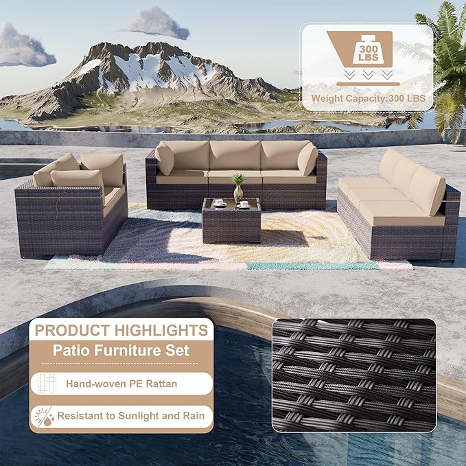 ALAULM 9 Pieces Patio Furniture Set Wicker Patio Conversation Set with 4 Corner Sofas, Outdoor Sectional Furniture w/Coffee Table & Washable Seat Cushions-Sand
