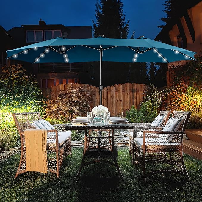 HERA'S PALACE 15ft Patio Umbrella with Base Included Double Sided Outdoor Umbrella for Patio Table Umbrella Outdoor 36 LED Solar Lights for Garden